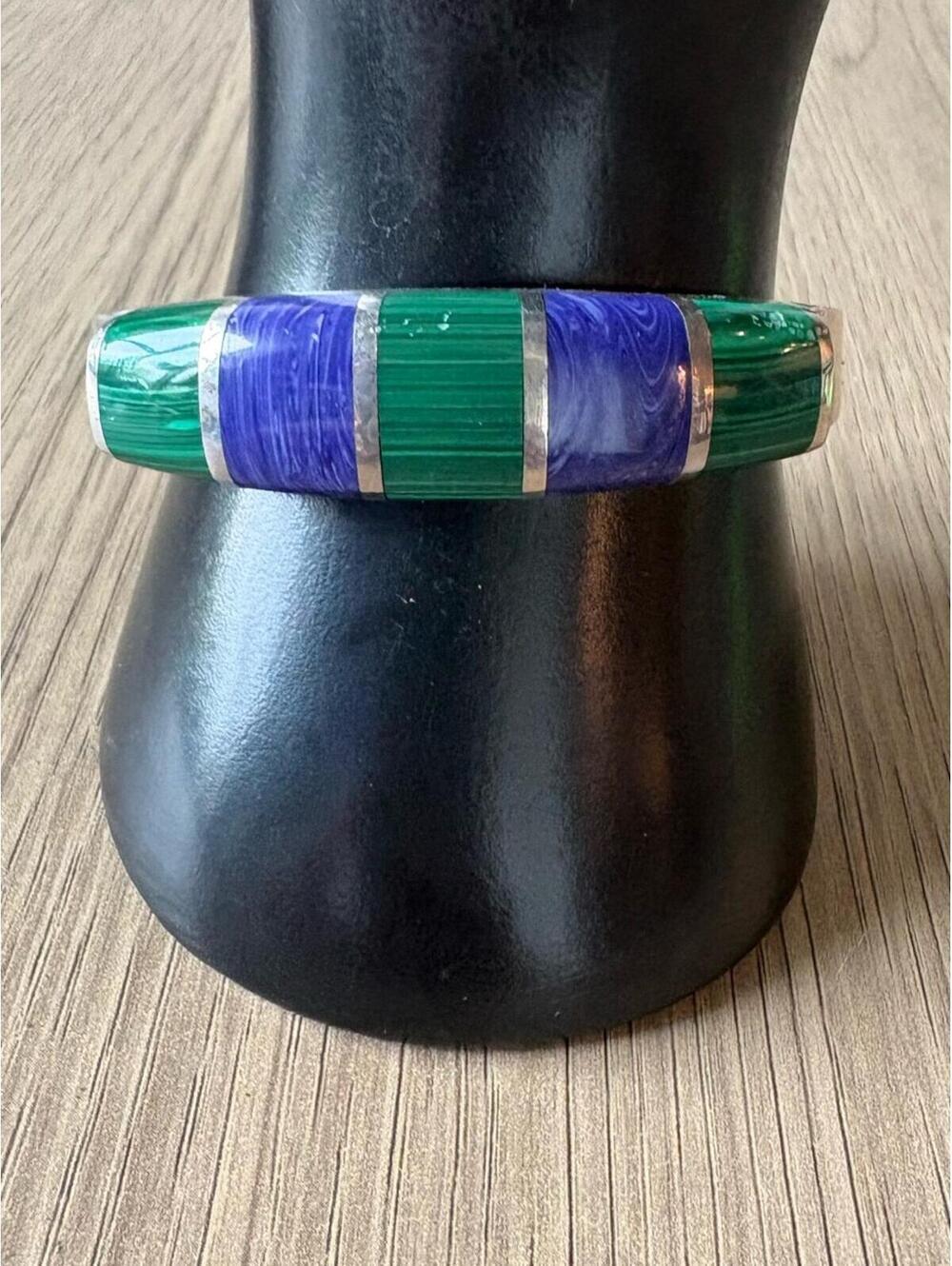 Vintage Taxco Mexico Sterling Silver Green and Blue Inlay Bangle Bracelet